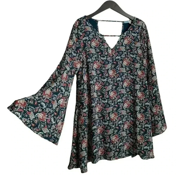 Cecico Boho Dress with Flare Sleeves Size Small Teal with Paisley Design Sheer - Picture 1 of 9